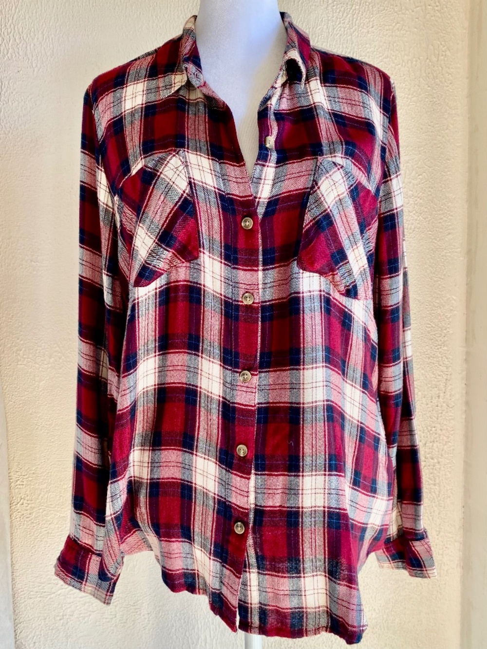 NWT Lucky Brand soft lightweight plaid button-down shirt in burgundy & navy Sz M